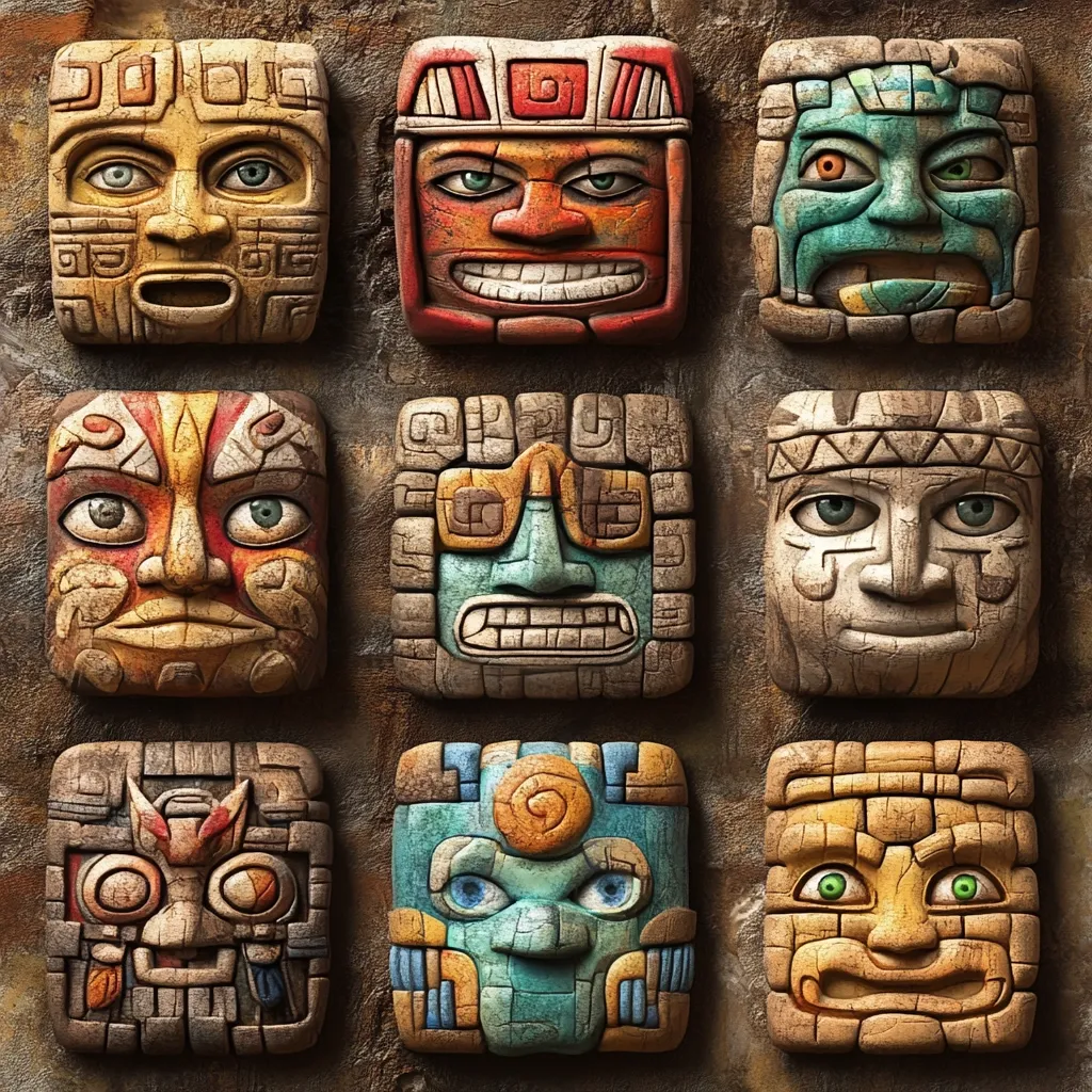 Here's a description of the image:

The image shows a grid of nine square, intricately carved stone masks, reminiscent of Mayan or Aztec artistry. Each mask has a unique design and color palette, featuring expressive eyes, noses, and mouths. The masks display varying facial expressions, ranging from serene to fierce.  They are set against a textured, earthy background, enhancing their ancient, weathered appearance.  The detail and craftsmanship of the masks are striking, giving the impression of ancient artifacts.