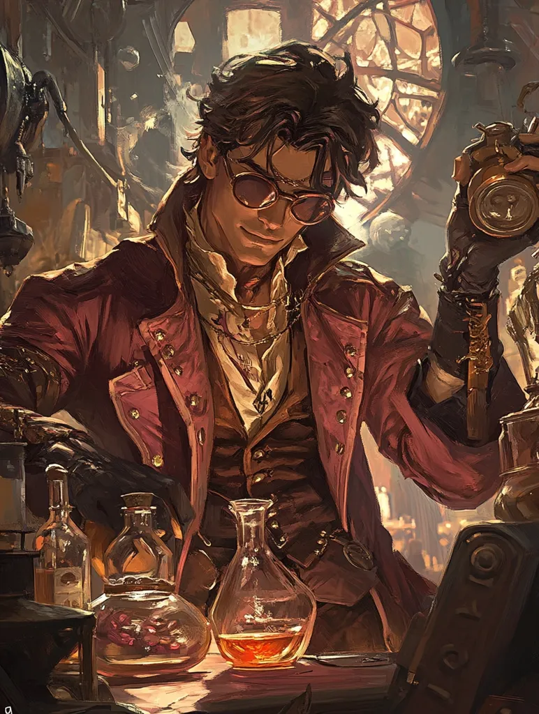 Here's a description of the image:

The artwork depicts a young man, possibly an alchemist or inventor, in a dimly lit workshop. He's dressed in a maroon coat over a waistcoat and cravat, accessorized with aviator-style sunglasses and numerous belts and buckles. He holds an antique-looking device in one hand and appears to be carefully examining or adjusting some kind of glassware or bottles containing liquids. The setting is rich with details suggestive of a steampunk or Victorian-era environment, including mechanical devices and various glass containers filled with different colored substances. The overall mood is one of intrigue and meticulous work.