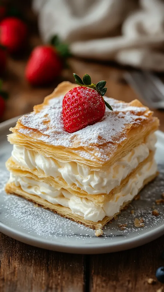 Here's a description of the image:

A delectable mille-feuille pastry takes center stage, its layers of flaky puff pastry interleaved with creamy filling.  A single, fresh strawberry, dusted with powdered sugar, rests atop the dessert, adding a pop of vibrant red against the golden-brown pastry and off-white cream. The pastry is presented on a light gray plate, sprinkled with a delicate dusting of powdered sugar, and sits on a rustic wooden surface.  Blurred in the background are additional strawberries, suggesting a fresh, sweet setting. The overall mood is one of appetizing indulgence.