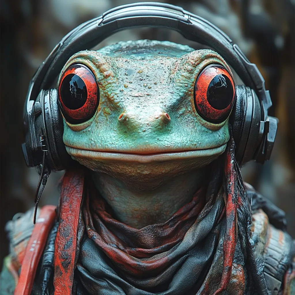 Here's a description of the image:

Close-up view of an anthropomorphic frog wearing large, dark headphones. The frog's skin is a teal-green with textured detailing, and its large, expressive red eyes are prominent.  It's dressed in dark, textured clothing resembling a scarf or bandana, with reddish-brown stains or markings, giving a worn or weathered appearance. The background is blurred, suggesting a natural, possibly forested, environment. The overall style is digital art, with a focus on realism in the frog's features and a slightly fantasy or futuristic element in its attire.