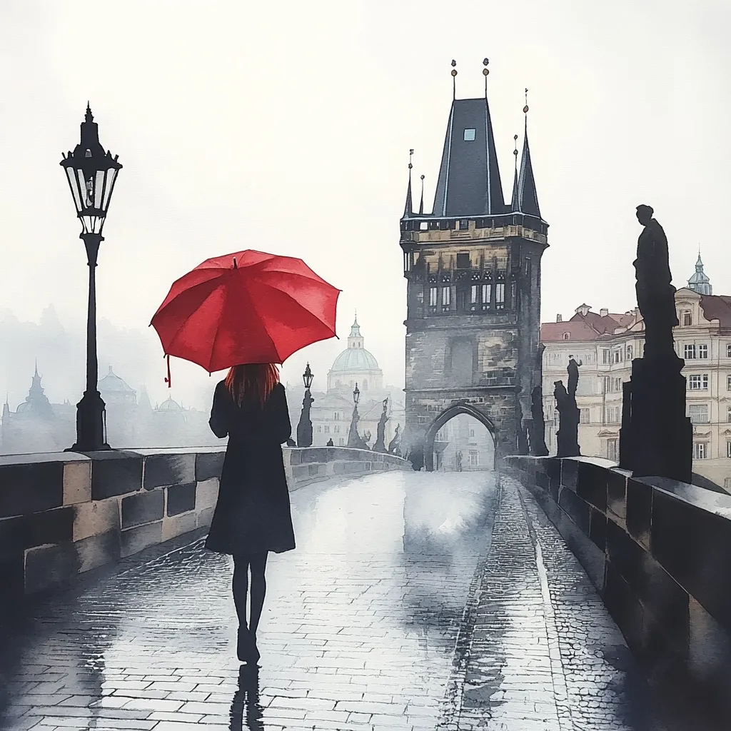 A watercolor painting depicts a woman with a vibrant red umbrella walking away from the viewer on a cobblestone bridge.  The bridge is lined with statues and leads to a medieval-looking tower, set against a misty, gray cityscape. The overall mood is serene and melancholic, evoking a sense of quiet contemplation and the beauty of a rainy day in Prague. The contrast between the bold red umbrella and the muted tones of the city creates a visually striking effect.