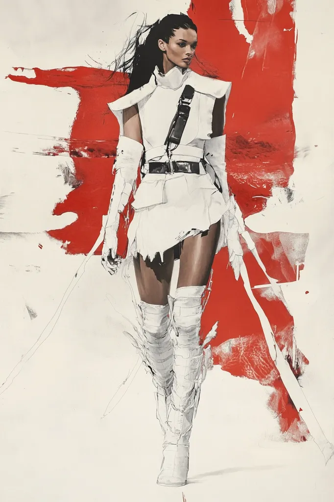 The artwork depicts a stylized female figure, possibly a warrior or futuristic fashion model, clad in a white, almost tattered, outfit.  She wears thigh-high boots and carries what seems to be long, thin weapons.  The figure is presented against a bold backdrop of red brushstrokes, creating a dramatic contrast between the white clothing and the vibrant red. The style is expressive and dynamic, combining elements of fashion illustration and abstract painting.  The overall mood is fierce and stylish.