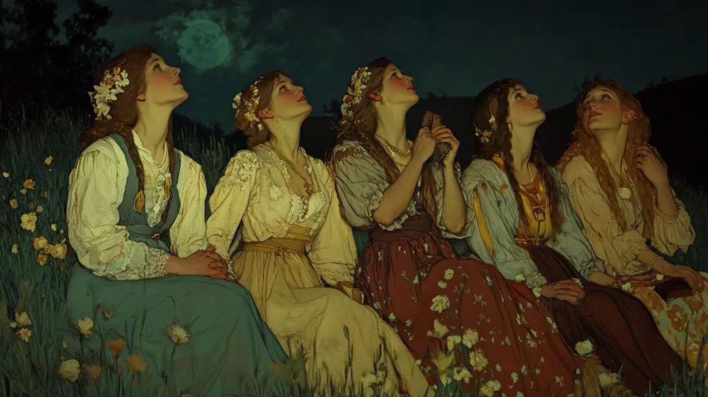 Five young women, adorned in flowing, earth-toned dresses and floral hairpieces, sit together in a moonlit field.  Their gazes are directed upwards, toward a luminous orb in the night sky.  The scene is evocative of a romantic, whimsical atmosphere, with the soft light casting a warm glow on their faces and clothing.  The wildflowers at their feet and the dark, shadowy background enhance the mystical quality of the painting.
