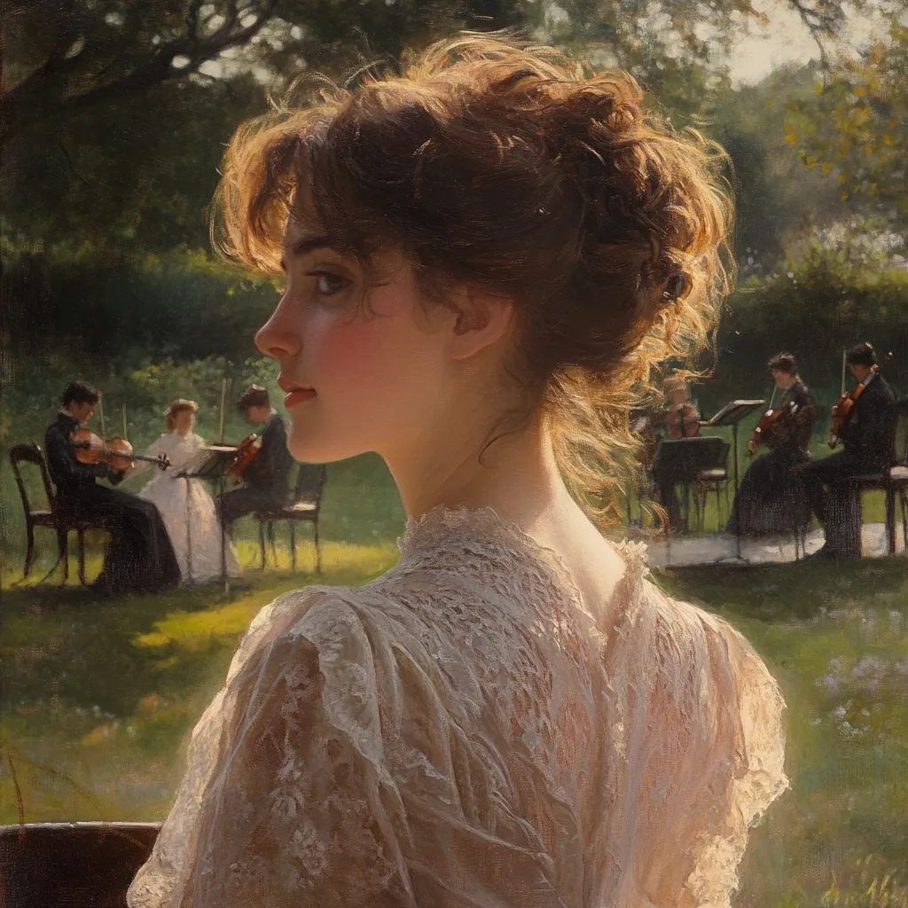 Here's a description of the image:

The painting showcases a young woman, her back to the viewer, subtly profiled to the left.  She is elegantly dressed in a light beige, lace-trimmed gown, her auburn hair styled in a softly tousled updo.  She appears to be listening to a string quartet playing in a sun-dappled garden in the blurred background. The musicians, three women and a man in dark attire, are seated on simple chairs, adding depth to the pastoral scene.  The overall tone is serene and romantic, highlighting the soft light and the woman's contemplative pose.