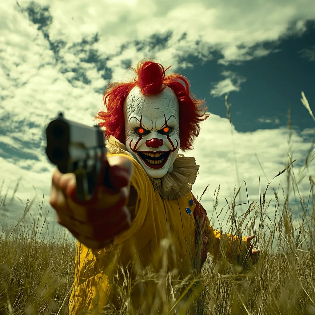 A terrifying clown, with bright red hair and glowing orange eyes, points a handgun directly at the viewer.  The clown's mask is cracked and sinister, enhancing its menacing appearance. The setting is a field of tall, dry grass under a dramatic, cloudy sky. The image evokes a sense of impending danger and horror, emphasizing the clown's threatening presence.