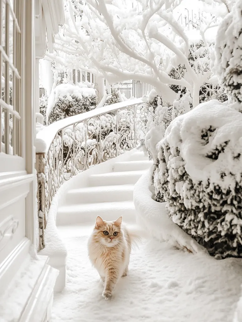 A long-haired, light orange cat walks down a snow-covered staircase. The stairs are edged by an ornate, white metal railing.  Snow-laden trees and bushes frame the scene, creating a pristine winter wonderland. The background shows a snow-dusted building with white walls and windows.  The overall effect is one of serene winter beauty.