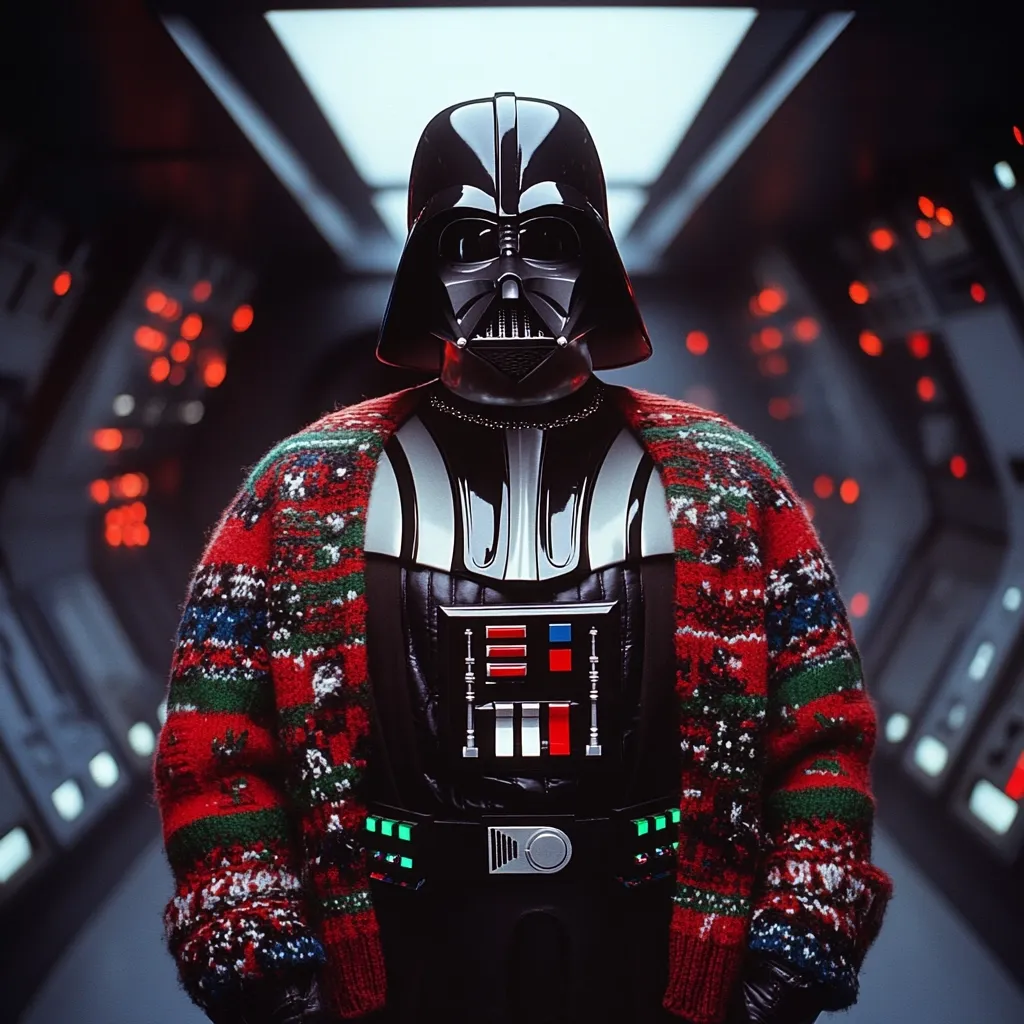 Here's a description of the image:

The image shows Darth Vader, the iconic villain from Star Wars, unexpectedly dressed in a festive red and green Christmas-themed cardigan.  His black helmet and suit remain, creating a stark contrast with the cheerful holiday sweater.  The setting is a dark, metallic Star Wars-esque corridor with dimly lit panels, emphasizing the unusual juxtaposition of the character and his attire.  The overall mood is humorous and slightly surreal.
