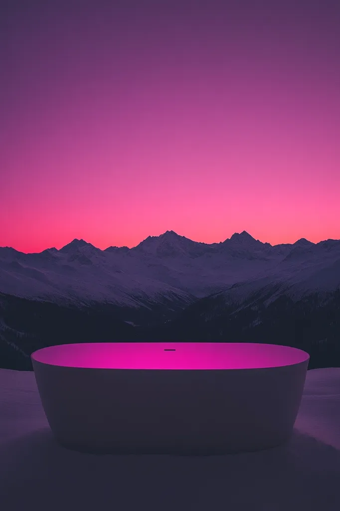 A freestanding bathtub, illuminated from within with a vibrant pink light, sits on a snow-covered surface.  The backdrop is a dramatic, snow-capped mountain range silhouetted against a vivid pink and purple sunset sky. The scene is serene and luxurious, evoking a feeling of tranquility and escape.  The contrast between the warm bath light and the cool mountain landscape is striking.