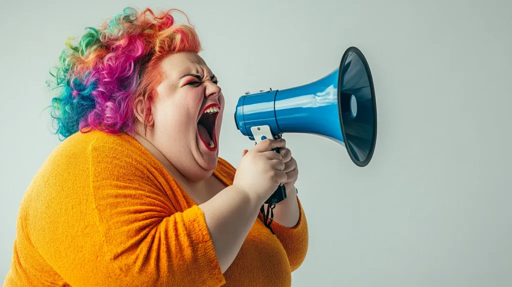 A plus-size woman with vibrant rainbow-colored hair forcefully shouts into a blue megaphone.  Her mouth is wide open, expressing intensity. She's wearing a bright orange, long-sleeved top. The background is a plain, light gray, focusing attention on the woman's energetic and expressive action. The image conveys a sense of powerful communication or protest.