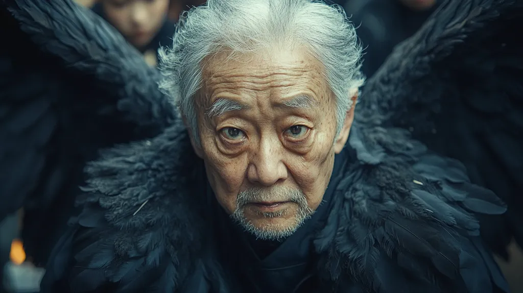 Close-up of an elderly man with silver hair, his face etched with age and bearing a serious expression. He's adorned with a large, dark, feathered collar or cloak that resembles raven wings, extending to the sides of the frame.  The background is blurred but shows other figures, hinting at a mystical or fantasy setting. The overall mood is dark and intense, with the man's gaze directly engaging the viewer.