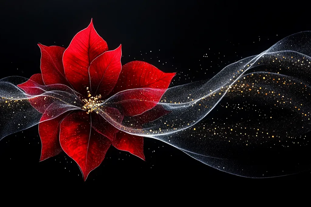 A vibrant red poinsettia takes center stage against a stark black backdrop.  Delicate, translucent white fabric flows around the flower, interwoven with glittering gold particles, creating a magical, festive atmosphere. The contrast between the deep red of the flower and the shimmering gold and white adds to the image's elegance and evokes a feeling of Christmas cheer. The overall aesthetic is sophisticated and modern, perfect for holiday greetings or decorations.