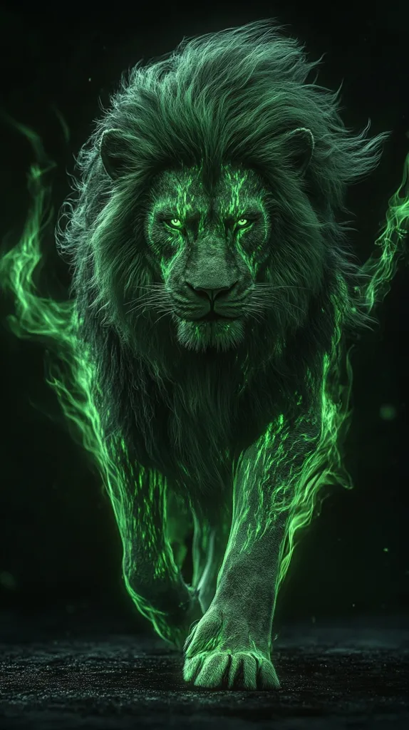 A digitally created image depicts a lion, seemingly made of or engulfed in vibrant green flames. Its mane is thick and flows dramatically, mirroring the movement of the fire. The lion’s eyes glow with an intense emerald light, adding to its ethereal and powerful presence. It strides forward, its paws almost touching the dark ground, creating a sense of motion and impending action. The overall effect is striking, blending the majesty of a lion with the mystical energy of flames.
