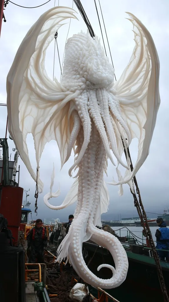 A large, white, sculpted creature resembling a hybrid of an octopus and a dragon is being hoisted onto a fishing boat. Its many tentacles and large, wing-like appendages are strikingly detailed.  The creature's texture appears smooth yet bumpy, suggesting a material like resin or plastic.  Several crew members are visible on the boat, dwarfed by the scale of the artwork, which dominates the scene against a cloudy sky and a harbor backdrop.
