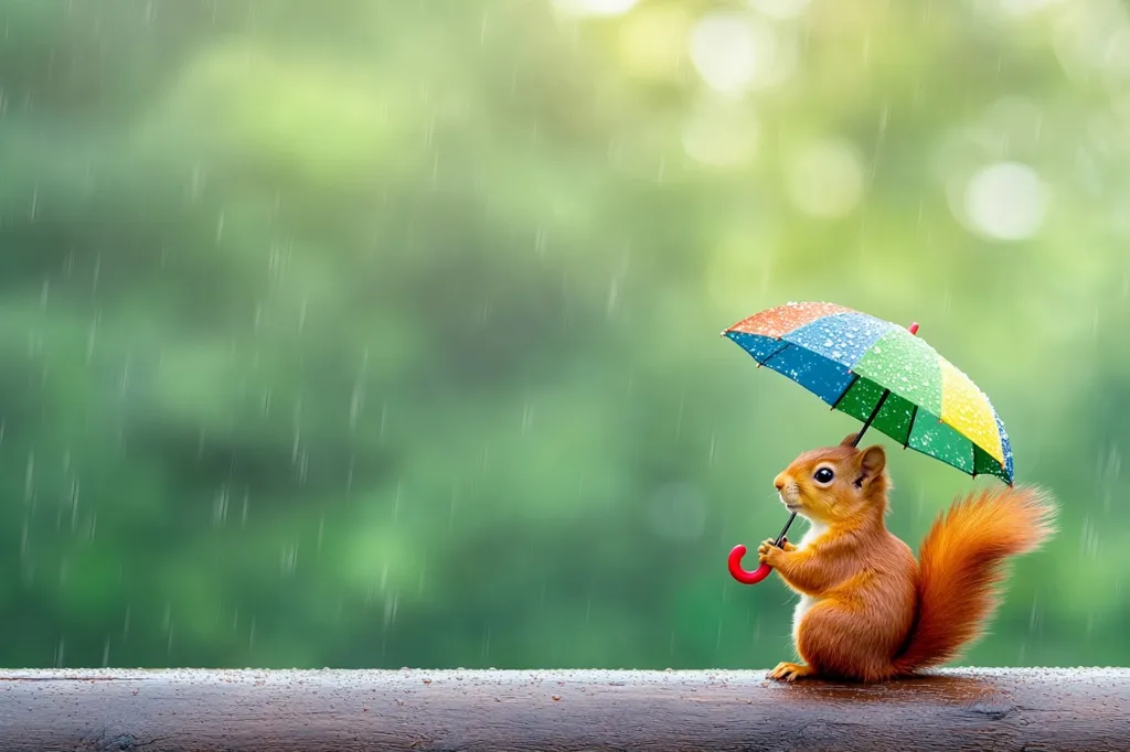 Here's a description of the image:

A charming image depicts a red squirrel sitting on a wooden railing in the rain. The squirrel holds a small, colorful umbrella, providing a whimsical contrast to the otherwise natural setting. The background is a blurred green landscape, suggesting a lush forest, with rain delicately falling. The scene conveys a sense of calm and gentle humor, showcasing the squirrel's apparent preparedness for the downpour. The overall mood is peaceful and heartwarming.