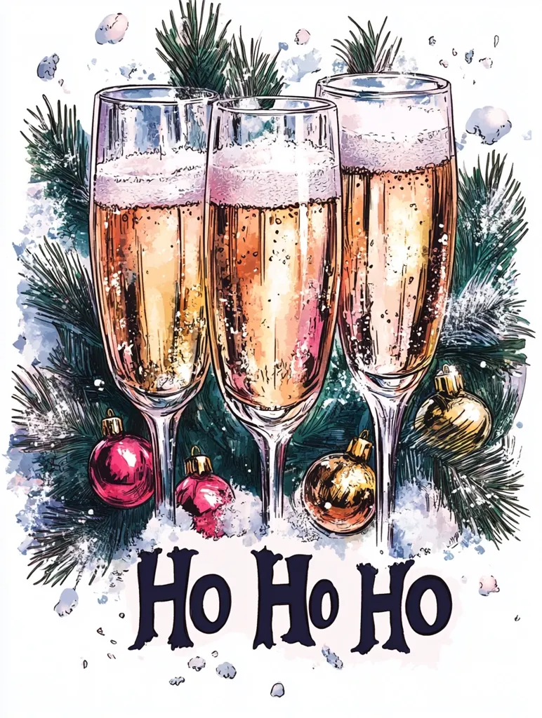 Here's a description of the image:

A festive watercolor and ink illustration depicts three champagne flutes filled to the brim, nestled amongst pine branches adorned with colorful Christmas ornaments.  Snow dusts the scene, adding to the wintery feel. The glasses are subtly rendered in a painterly style, showing bubbly champagne. Below, the phrase "Ho Ho Ho" is written in a bold, playful font. The overall impression is one of cheerful holiday celebration.