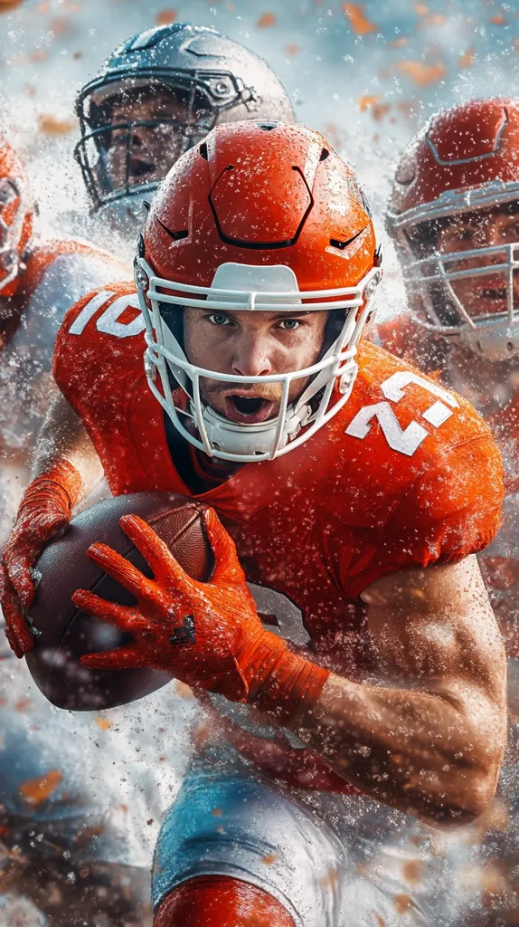 Here's a description of the image:

The image is a dynamic action shot of an American football player in an orange jersey, number 22 visible, powerfully gripping the football. He's surrounded by a blur of motion and water droplets, suggesting a rain-soaked game.  Two other players in different uniforms are partially visible in the background, further emphasizing the intensity of the moment. The focus is sharp on the central player, his determined expression and muscular physique highlighted. The overall effect is one of high energy and competitive spirit.