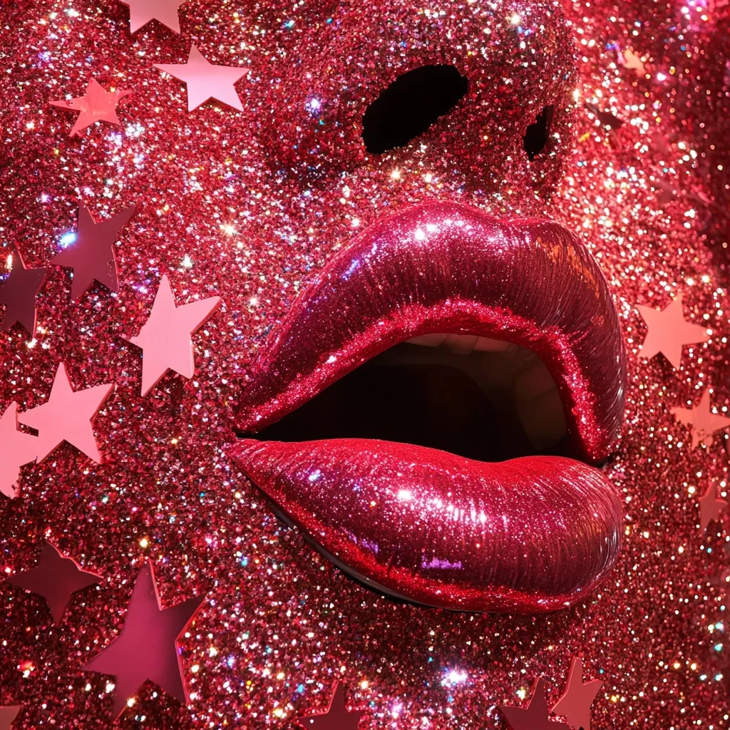 Close-up view of a large, glossy, red, glitter-covered lip sculpture.  The lips are slightly parted, revealing an open mouth.  The background and the lips themselves are densely covered in sparkling red glitter.  Pink, paper-like stars are scattered across the surface, adding to the overall festive and glamorous feel. The image is highly textured and vibrant.