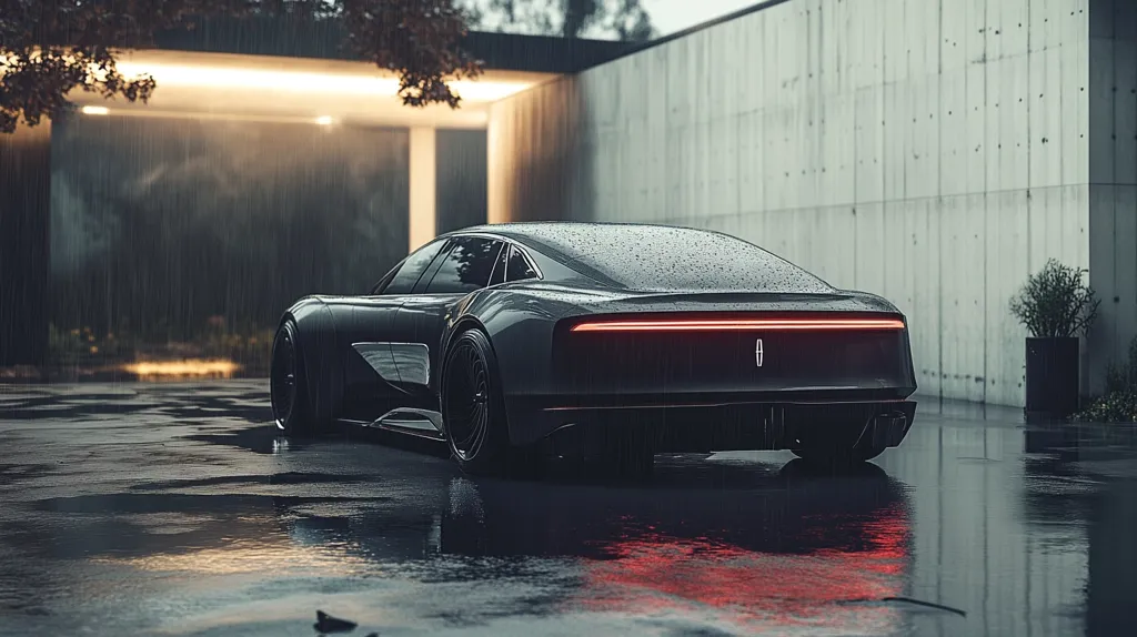 Here is a description of the image:

The image shows a sleek, dark-colored electric Lincoln Star concept car parked outside a modern, minimalist building on a rainy day.  The car is wet, reflecting the surrounding environment. The background features a concrete wall and a partially visible garage, lit with warm interior lighting. The overall mood is sophisticated and moody, with the rain adding a sense of drama and quiet elegance. The car's taillights are subtly illuminated.