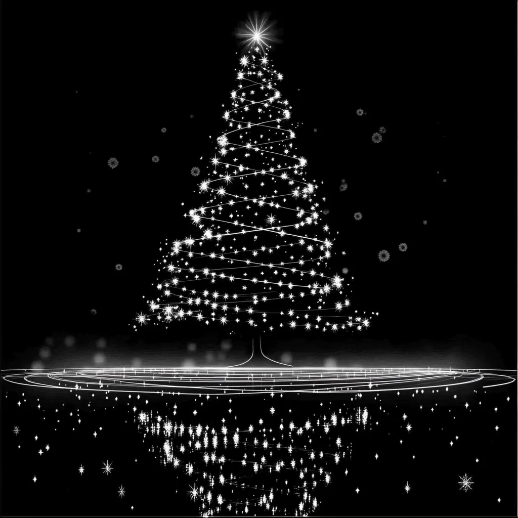 Here's a description of the image:

The image is a stylized Christmas tree depicted in white against a black background.  The tree is formed from swirling lines of light, creating a luminous effect, punctuated by small, star-like sparkles. A single bright star tops the tree.  The tree's reflection is mirrored below, adding depth. Small snowflakes are subtly scattered throughout the background, enhancing the wintery atmosphere.  The overall style is minimalist and elegant, creating a sophisticated holiday feel.