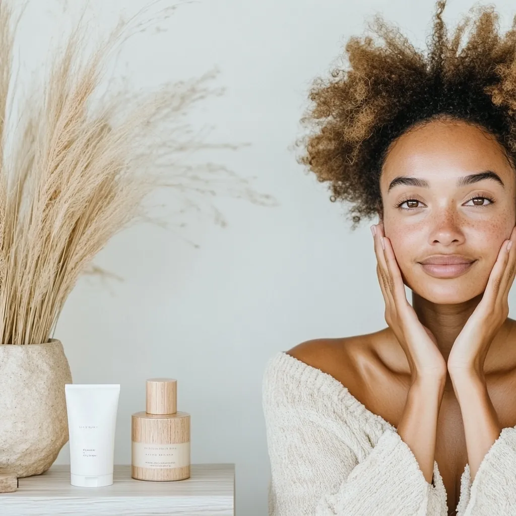 A young woman with a vibrant afro hairstyle gently touches her face, exuding a serene and confident demeanor. She's dressed in a soft, cream-colored sweater, creating a calming aesthetic.  In the foreground, minimalist skincare products—a lotion and a perfume bottle with wooden caps—sit on a light wooden surface, enhancing the overall sense of natural beauty and self-care.  A vase of pampas grass adds to the tranquil, bohemian atmosphere.