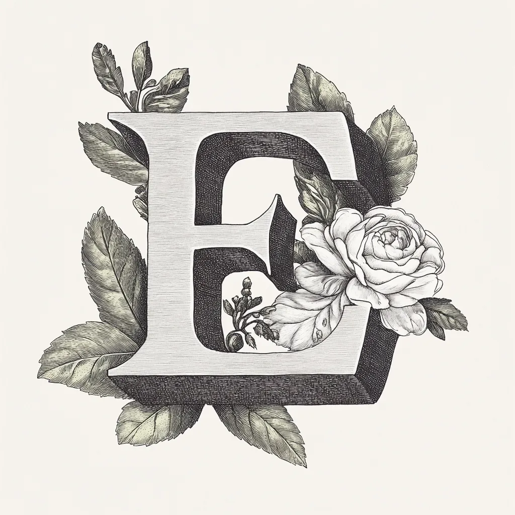 Here's a description of the image:

The image is a meticulously rendered illustration of the capital letter "E," presented in a vintage style. The "E" is rendered in a three-dimensional, serif typeface, appearing weighty and textured.  It's intricately decorated with detailed botanical elements; leaves and a prominent rose bloom are artfully arranged around and partially behind the letter, creating a sense of depth and elegance.  The overall aesthetic suggests a classical or Victorian-era design, with a focus on fine penmanship and botanical illustration.  The color palette is monochromatic, using various shades of gray and black against an off-white background.