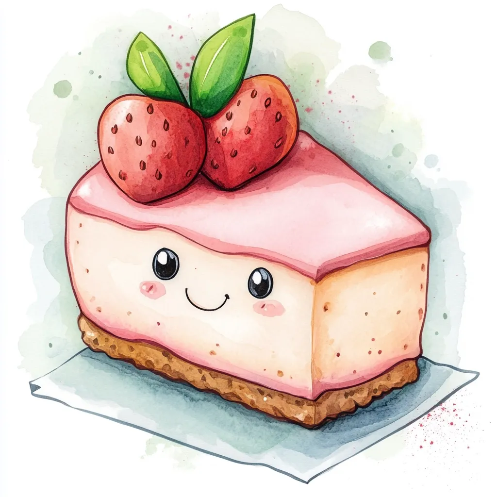 Here's a description of the image:

A watercolor painting depicts a slice of strawberry cheesecake with a cheerful face.  Two strawberries, adorned with green leaves, sit atop the light pink glaze. The cheesecake has a creamy off-white filling and a golden-brown crust. It rests on a light-blue square of parchment paper, set against a muted green watercolor wash background. The style is cute and whimsical, with large, expressive eyes and a simple smile adding to its charming character.