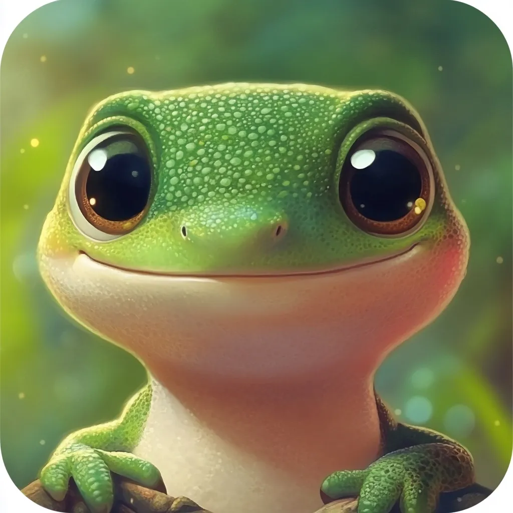 The image is a close-up illustration of an adorable, cartoonish gecko.  Its skin is a vibrant green with tiny, speckled details.  Large, expressive eyes and a sweet, upturned mouth give it an endearingly innocent expression.  The gecko's body is smooth, with slightly textured feet gripping what appears to be a branch. The background is a softly blurred green, suggesting a natural, leafy setting. The overall style is digitally painted, with soft lighting and a focus on cuteness.