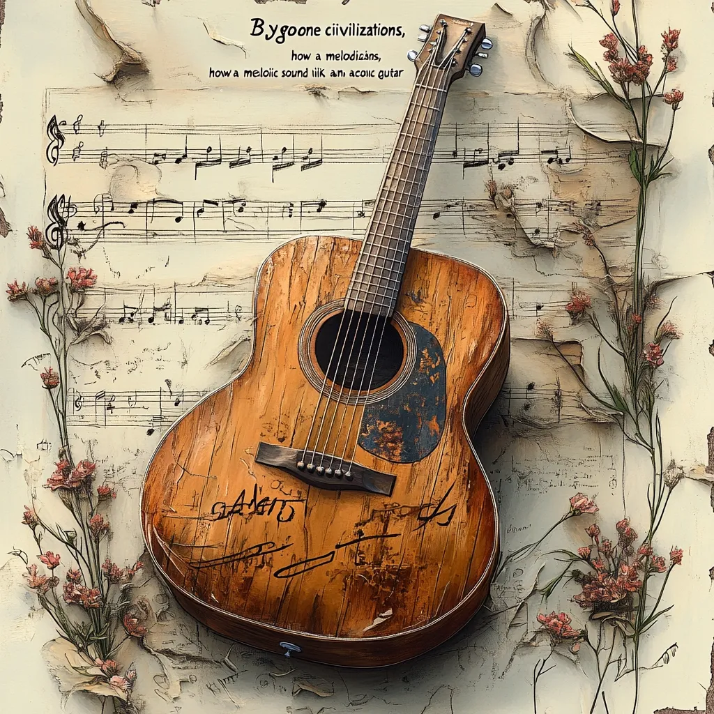 Here's a description of the image:

The image is a stylized artwork depicting a well-worn acoustic guitar resting on aged sheet music.  The guitar is predominantly brown with a distressed finish, suggesting age and use.  Scratches and markings are visible on its surface, including what appears to be a signature.  The sheet music underneath is faded and textured, giving an antique feel.  Delicate, dried flowers and stems are arranged around the guitar and music, adding to the nostalgic and slightly melancholic mood.  A poem or quote referencing bygone civilizations and melodic sounds is subtly placed at the top.  The overall aesthetic is reminiscent of vintage folk music and remembrance.