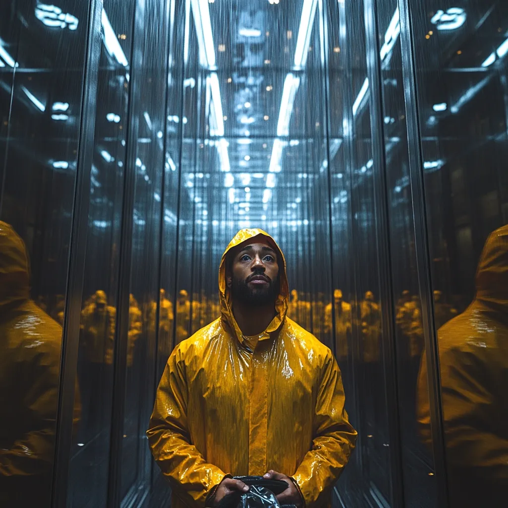A man in a bright yellow raincoat stands in a mirrored hallway.  Rain streaks down the reflective walls, creating a multitude of his image.  The hallway is illuminated by bright, vertical lights overhead, adding to the surreal atmosphere.  He looks upward, his expression serious, giving a sense of isolation and contemplation within this unusual, almost infinite, space.  The overall image is dark and moody, with the yellow of his coat a stark contrast.