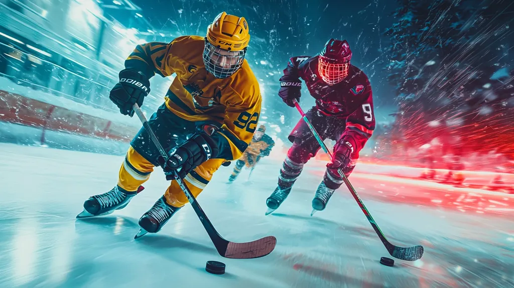 Two ice hockey players, one in a yellow jersey and the other in maroon, fiercely compete on a brightly lit ice rink.  The image is dynamic, capturing the speed and intensity of the game with motion blur.  Both players are fully equipped with helmets, pads, and sticks, focused on the puck. The background suggests a winter setting with blurred lights and snow or ice particles adding to the atmospheric effect.  The overall composition emphasizes the thrill of the sport.