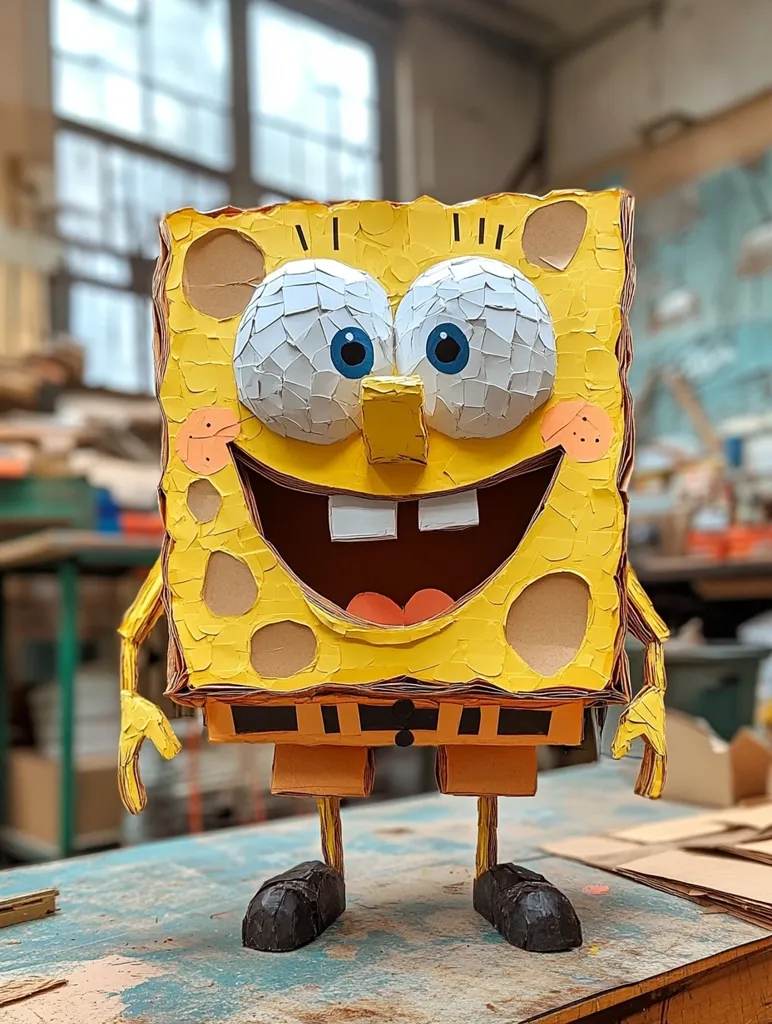 A meticulously crafted SpongeBob SquarePants figurine stands on a wooden table. Constructed from layered cardboard and painted yellow, his features are detailed with textured, fragmented pieces, giving a unique, almost mosaic-like effect.  His signature wide grin and large eyes are clearly visible, while his shorts and shoes are rendered with similar attention to detail.  The background suggests a workshop environment, hinting at the artistic process behind this handmade creation.
