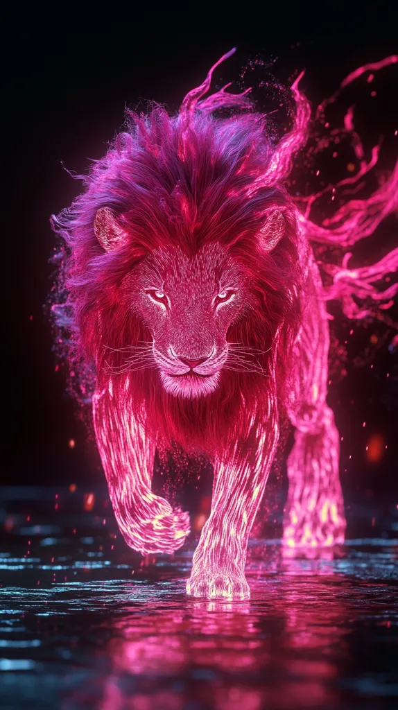 A digital rendering depicts a majestic lion, seemingly composed of vibrant pink energy or flames.  Its mane flows dynamically, strands trailing behind like fiery wisps.  The lion strides forward, its powerful paws impacting a reflective surface, creating shimmering, pink reflections. The dark background enhances the glowing lion, creating a dramatic and surreal effect. The overall impression is one of power, energy, and otherworldly beauty.