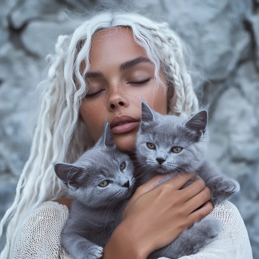 A young woman with long, white, braided hair gently cradles two gray kittens close to her chest.  Her eyes are closed, suggesting serenity and affection.  She has fair skin with freckles and her expression is peaceful. The background is a blurred, textured stone wall, contrasting with the soft focus on the woman and cats. The overall mood is calm and intimate.