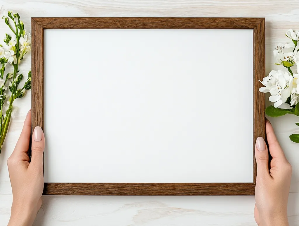 Here's a description of the image:

A flatlay photograph showcases a blank, dark brown picture frame held by two hands against a light wooden background.  White flowers, sprigs of greenery, are artfully placed on either side of the frame. The frame is centrally positioned, and the overall aesthetic is clean, simple, and elegant, suggesting a potential template or mockup for design or marketing purposes.  The hands appear manicured and subtly emphasize the frame’s size and the blank canvas within.