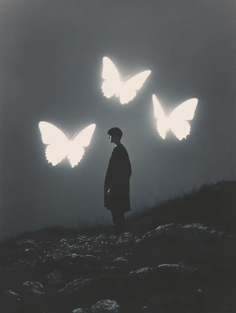 The image is a monochromatic, moody scene. A lone figure, silhouetted against a dark sky, stands on a rocky hillside. Three luminous white butterflies, seemingly glowing, float in the air around the person. The overall atmosphere is melancholic and mysterious, with a surreal quality created by the contrast between the dark landscape and the bright butterflies. The image evokes feelings of solitude, contemplation, and perhaps even a sense of otherworldliness.