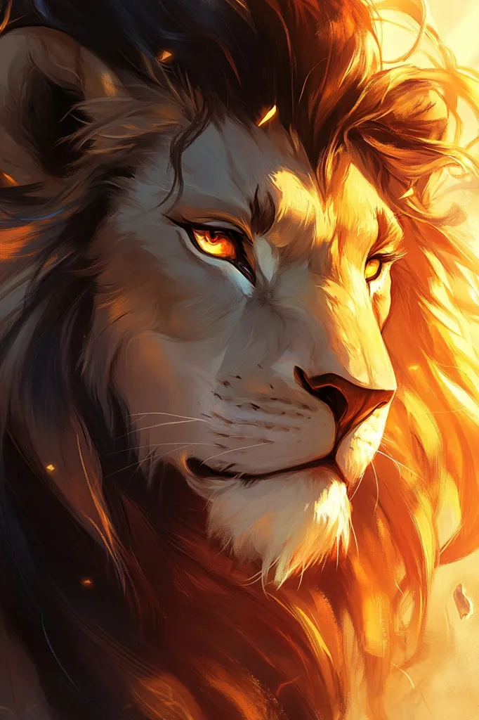 Here's a description of the image:

The artwork depicts a majestic lion, its face and mane bathed in warm, golden light.  The lion's gaze is intense, its amber eyes captivating.  The mane is voluminous and appears almost fiery, with strands flowing dynamically. The artist's style is painterly, with visible brushstrokes creating a sense of movement and texture. The overall effect is one of power, majesty, and a touch of mythical grandeur.