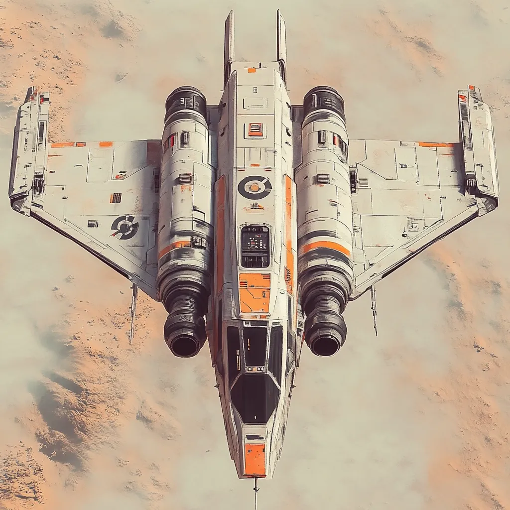 Here's a description of the image:

The image shows a detailed rendering of a futuristic spacecraft, predominantly white with orange accents, viewed from a slightly downward angle.  It features two large engines at the rear, flanked by smaller thruster units.  The vessel's design is sleek and aerodynamic, with swept-back wings and a pointed nose.  The spacecraft appears to be flying above a hazy, desert-like landscape, which is muted orange and brown in color. The overall style suggests a science fiction setting.