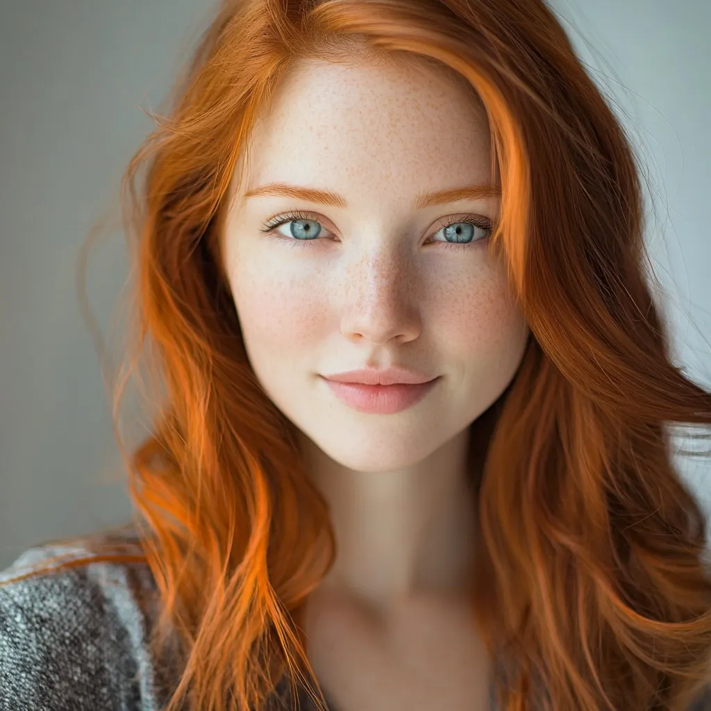 Here's a description of the image:

Close-up portrait of a young woman with vibrant, long, wavy ginger hair. Her skin is fair, adorned with freckles, and she possesses striking light blue eyes. She's wearing a simple, gray top. Her expression is soft and pleasant, with a subtle smile playing on her lips. The background is a muted, out-of-focus gray, drawing attention to the subject's features. The overall impression is one of natural beauty and serenity.