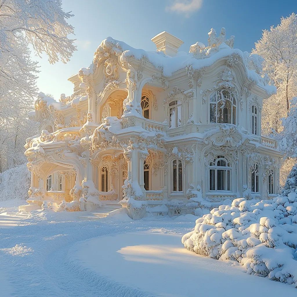 A breathtaking, ornate mansion, blanketed in a thick layer of pristine snow, stands majestically under a clear winter sky.  Its elaborate, cream-colored facade, featuring intricate carvings and multiple windows, is accentuated by the winter's frosting.  The surrounding landscape is a serene expanse of snow, with snow-laden shrubs and trees framing the picture-perfect scene.  Sunlight casts long shadows across the snow, adding to the magical, fairytale-like atmosphere.