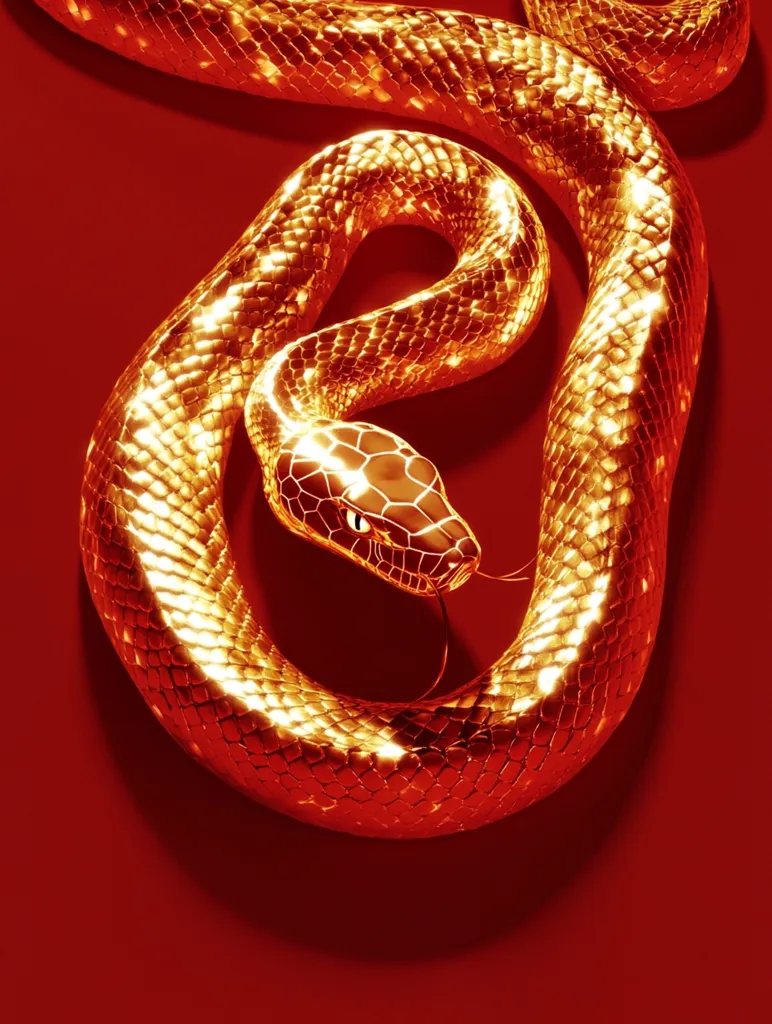 Here's a description of the image:

The image showcases a gold-plated snake, its scales gleaming against a deep red backdrop.  The snake is coiled in a graceful loop, its head slightly raised, revealing a dark eye that contrasts with the metallic sheen of its body. The gold finish is highly reflective, suggesting a luxurious or opulent feel. The contrast between the warm gold and cool red creates a visually striking and dramatic effect. The lighting emphasizes the texture of the snake's scales.