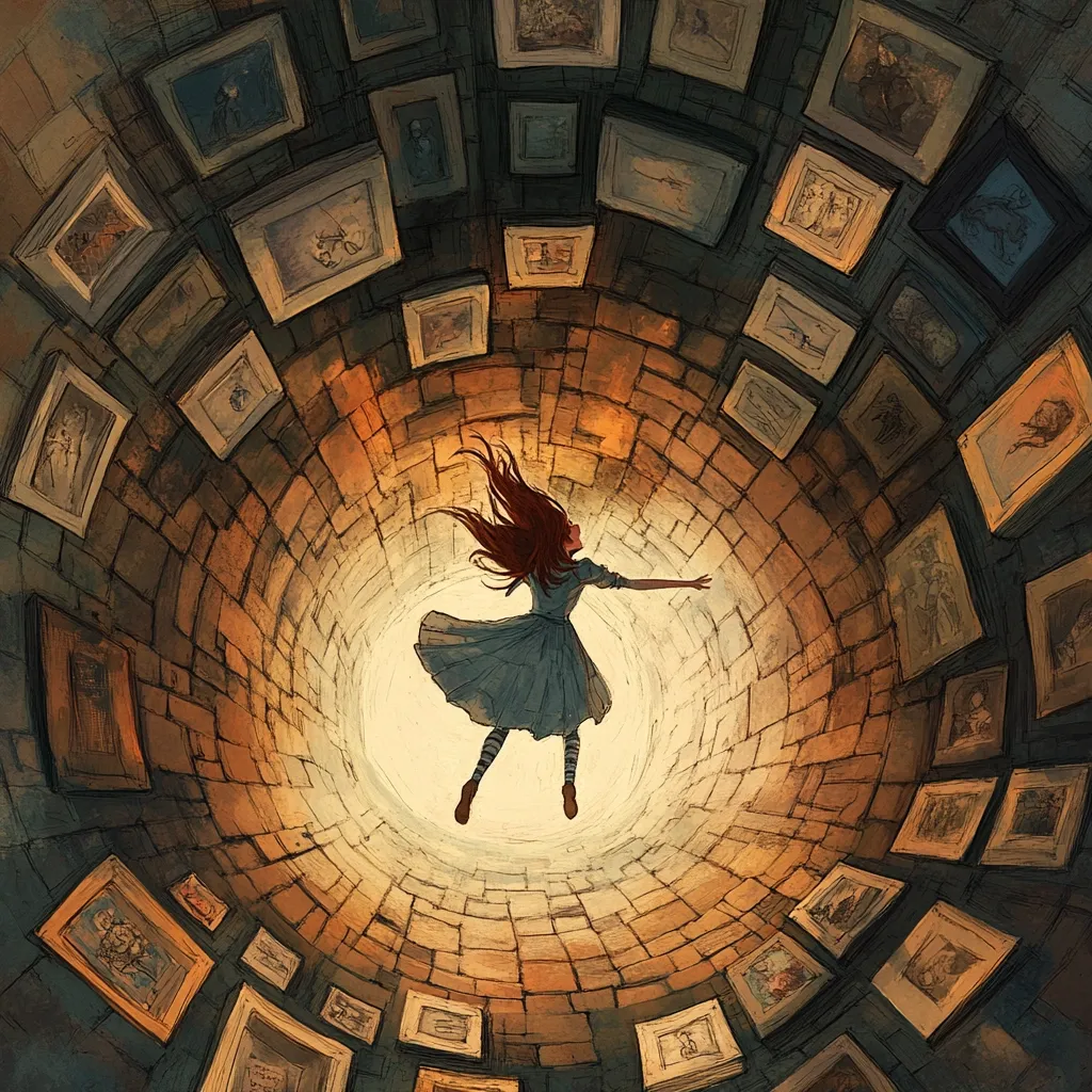 A young woman with flowing red hair, dressed in a light blue dress, falls down a circular well.  The well's walls are lined with numerous framed pictures, creating a dizzying effect. The scene is painted in a whimsical, slightly dark style, with warm earthy tones dominating the palette.  The light at the bottom of the well suggests a potential escape or a descent into something unknown. The overall feeling is one of surreal mystery and a possible descent into the subconscious.