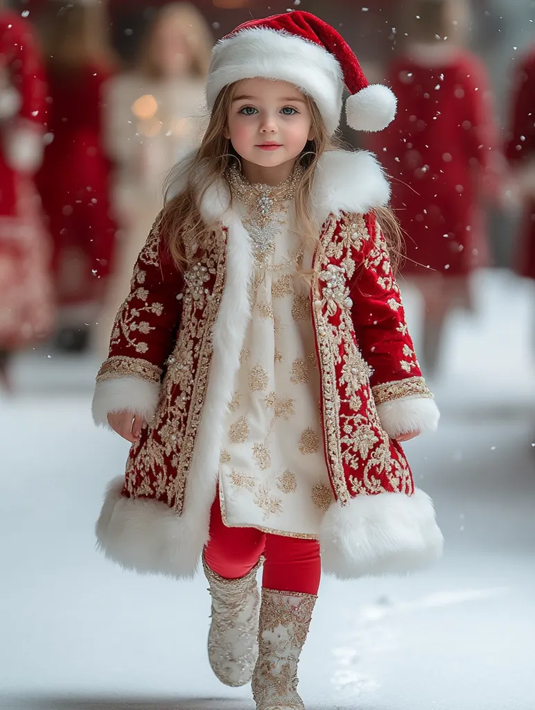 A young girl, adorned in a festive red coat embellished with gold embroidery and a fluffy white trim, stands in a snowy setting.  She wears a matching Santa hat and cream-colored dress underneath.  Her red leggings and ornate white boots complete the charming ensemble.  The background features blurred figures in red, suggesting a Christmas-themed event or celebration.  Snow lightly falls around her, enhancing the winter wonderland atmosphere.  The girl's expression is sweet and innocent.
