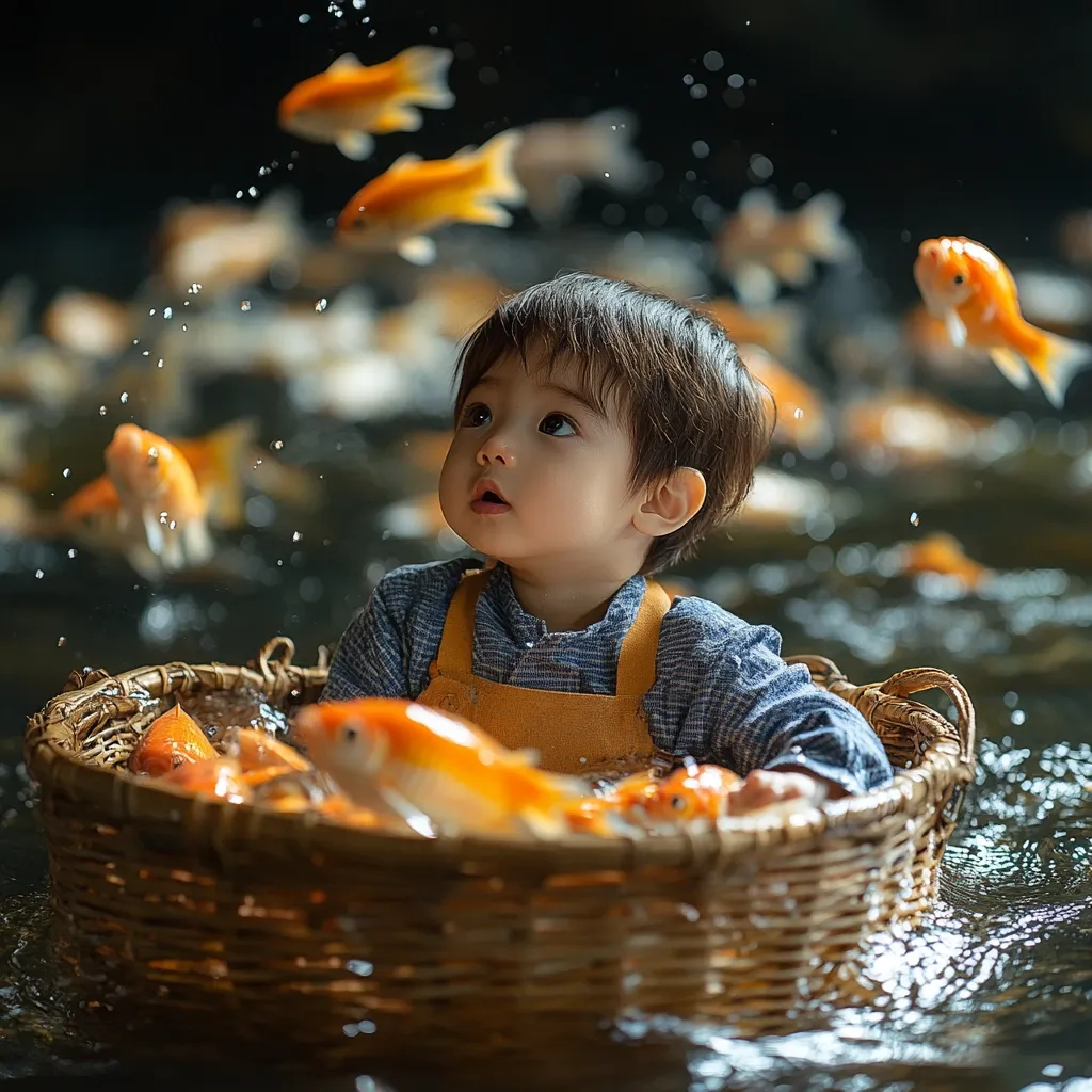 Here's a description of the image:

A charming toddler, with dark hair and big expressive eyes, sits in a woven basket afloat on water teeming with orange koi fish. The child wears a blue shirt and mustard-yellow overalls, gazing upward with a look of wonder. Many koi fish surround the basket, some swimming freely, others nestled within it. The background is dark and slightly blurred, focusing attention on the child and the vibrant fish. The scene is serene and whimsical, capturing a moment of joyful interaction between the child and nature. Water droplets splatter around, adding to the lively atmosphere.