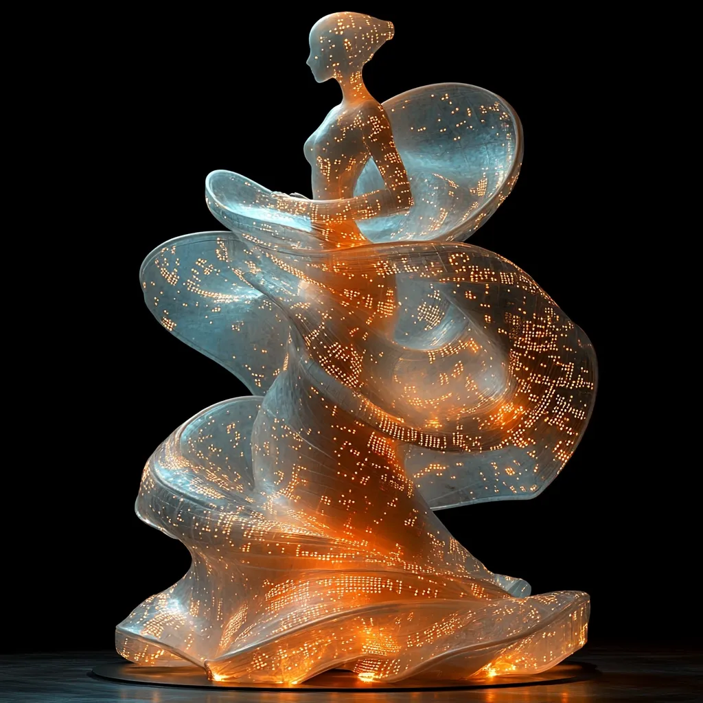 The image shows a striking, translucent sculpture resembling a woman in a flowing gown.  The figure is subtly detailed, almost ethereal, and the dress is a swirling, organic form illuminated from within by warm-toned lights embedded throughout its translucent material. The lights create a mesmerizing effect, highlighting the intricate texture of the sculpted fabric. The dark background accentuates the sculpture's luminescence and ethereal quality. The overall effect is one of both elegance and futuristic technology.