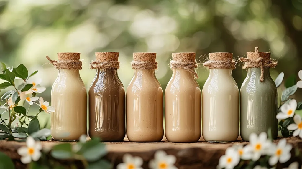 Five glass bottles with cork tops and twine ties are arranged on a rustic wooden surface.  Each bottle contains a different shade of creamy, earthy-toned liquid, ranging from light beige to a muted olive green. The bottles are surrounded by delicate white flowers and lush green foliage, creating a natural, spa-like aesthetic. The blurred background suggests an outdoor setting. The overall image evokes a feeling of serenity and natural products.