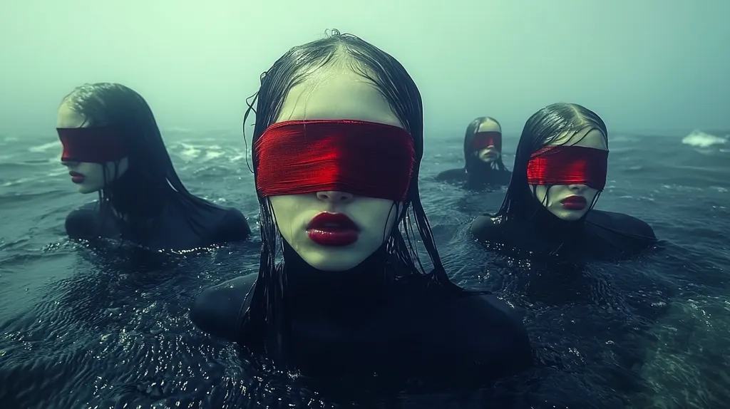 Here's a description of the image:

The image shows four women submerged in dark, choppy water under a misty sky.  Each woman wears a dark, wetsuit-like garment and a red blindfold.  Their long, dark hair flows around them. The central woman is in sharp focus, her red lips and pale face visible despite the blindfold. The others are slightly blurred, creating a sense of depth. The overall atmosphere is moody, mysterious, and slightly unsettling. The color palette is muted, dominated by dark blues, greens, and the stark red of the blindfolds.