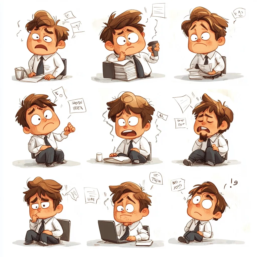 Here's a description of the image:

The illustration shows nine distinct cartoon depictions of a stressed office worker.  Each panel portrays the character in a different state of overwhelm, from staring despondently at paperwork to exhibiting visible signs of anxiety and frustration.  The character's expressions range from worried to panicked, accompanied by visual cues like papers flying around his head and speech bubbles filled with stressed thoughts.  The style is loose and expressive, using soft lines and muted colors to enhance the overall feeling of exhaustion and workplace pressure.