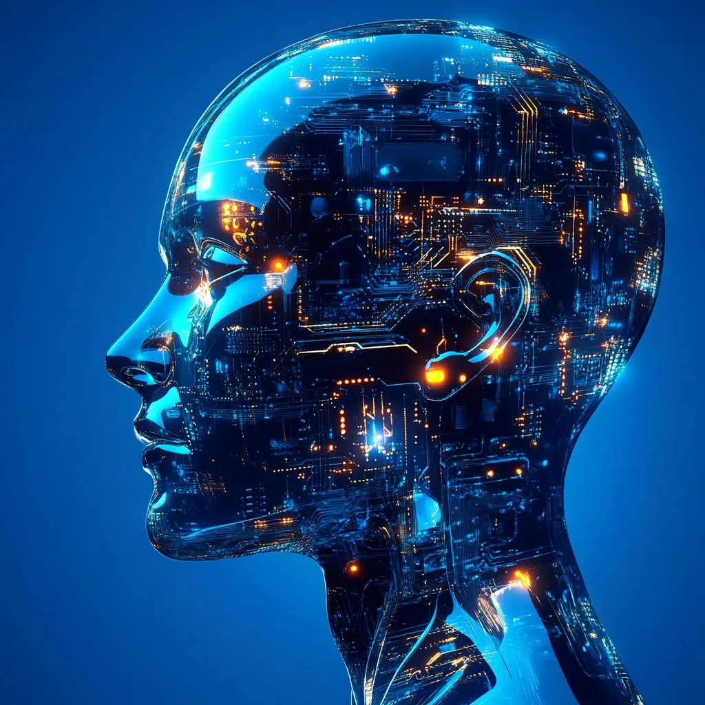 The image is a digital rendering of a human head, depicted in profile view against a deep blue background. The head is translucent, revealing an intricate network of glowing circuits and pathways resembling a computer motherboard.  These electronic components are embedded within the head's structure, creating a striking visual representation of artificial intelligence or a cyborg-like entity.  The overall effect is both futuristic and slightly unsettling, emphasizing the merging of technology and humanity.