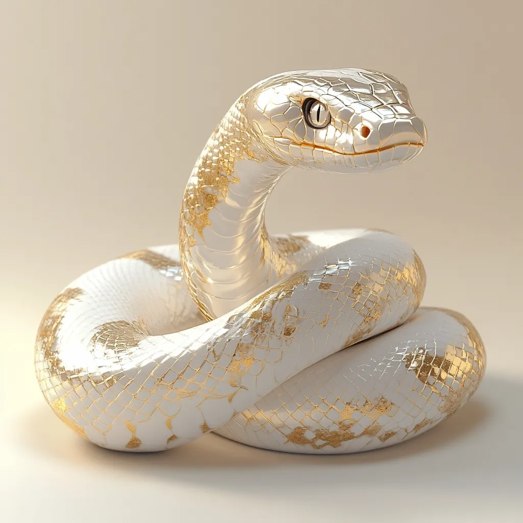 Here's a description of the image:

The image showcases a meticulously rendered, three-dimensional model of a snake.  Its body is predominantly white, adorned with a pattern of gold accents that mimic scales. The gold detailing is uneven, giving the impression of a luxurious, gilded finish. The snake is coiled in a relaxed posture, its head slightly raised, displaying a keen gaze. The background is a simple, muted beige, ensuring the snake remains the focal point. The overall aesthetic is one of opulence and refined artistry.