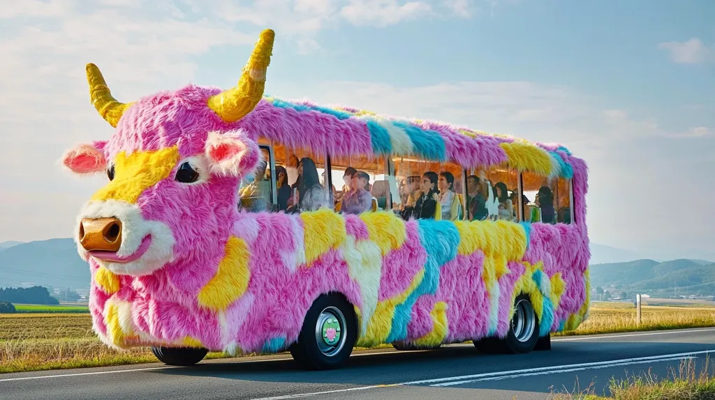 A whimsical, brightly colored bus, resembling a giant fluffy cow, travels down a rural road.  The bus is predominantly pink and yellow, with sections of light blue fur, creating a patchwork effect.  Several passengers are visible through the windows.  The cow's head is fully formed at the front, complete with horns, adding to the surreal and playful nature of the vehicle. The backdrop is a serene countryside landscape under a clear sky.